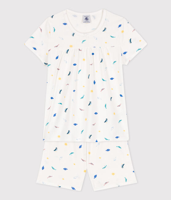 Pigiama corto bambina in cotone con animali marini bianco MARSHMALLOW/bianco MULTICO
