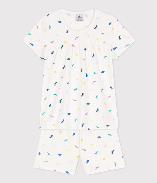 Pigiama corto bambina in cotone con animali marini bianco/multicolore