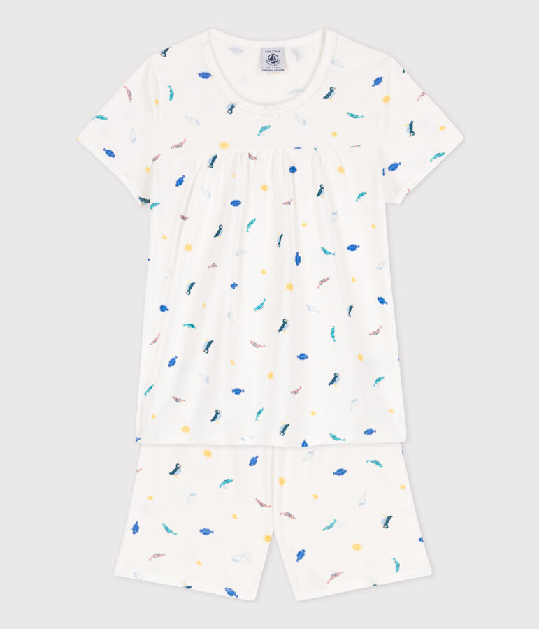 Pigiama corto bambina in cotone con animali marini bianco/multicolore
