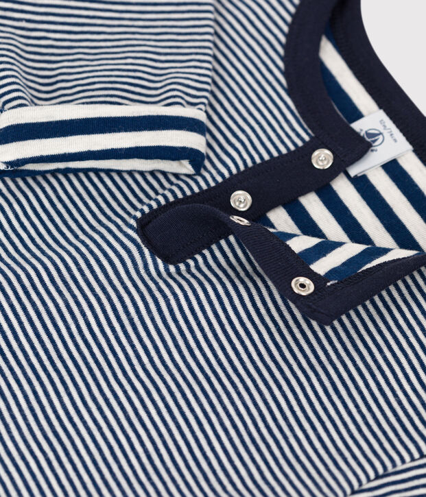 T-shirt maniche lunghe beb&egrave; millerighe in tubique blu/beige