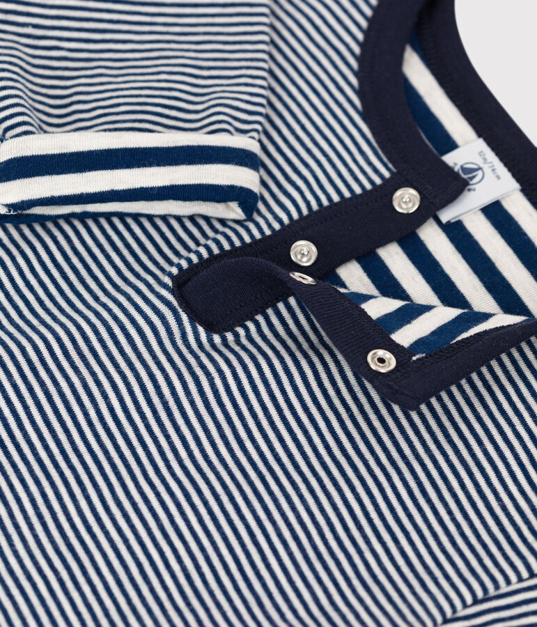 T-shirt maniche lunghe beb&egrave; millerighe in tubique blu/beige