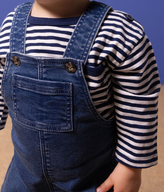 T-shirt bebè a maniche lunghe in jersey fiammato a righe blu MEDIEVAL/bianco MARSHMALLOW
