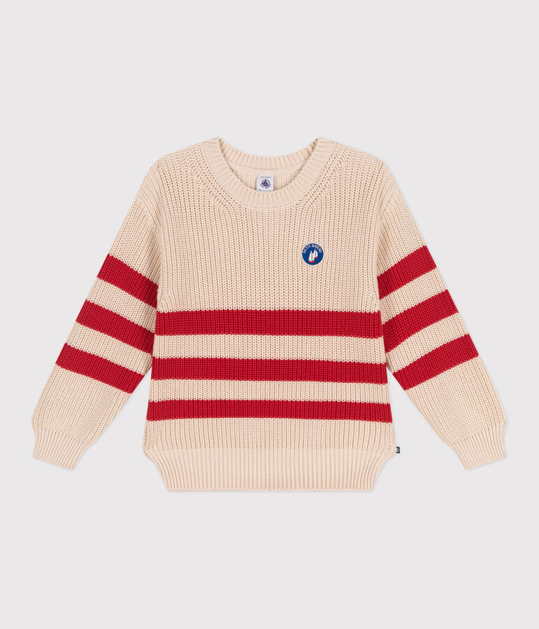 Pullover in cotone a righe bambino ecru/rosso