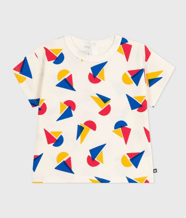T-shirt a maniche corte in cotone con barche stampate neonato ecru/multicolore