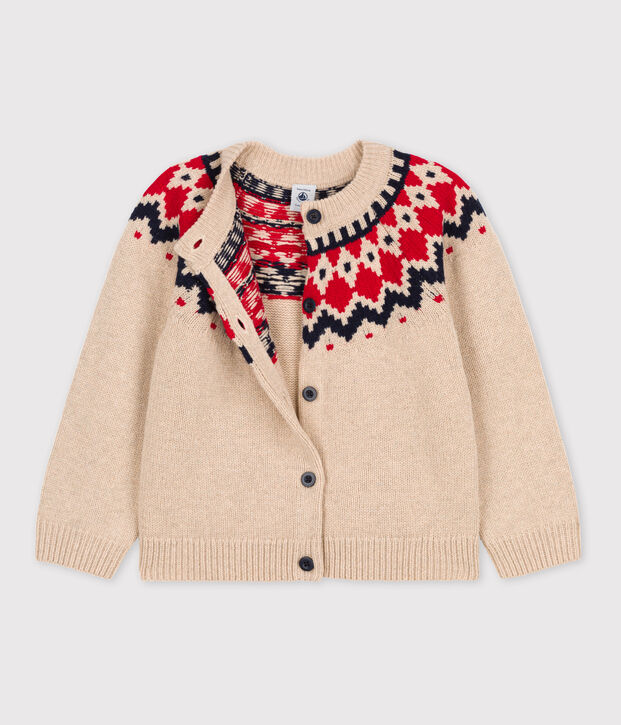 Cardigan bambina in lana e cotone beige/multicolore