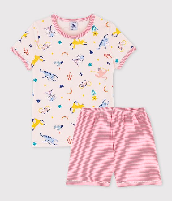 Pigiama corto bambina in cotone con stampa animali yoga rosa FLEUR/bianco MULTICO