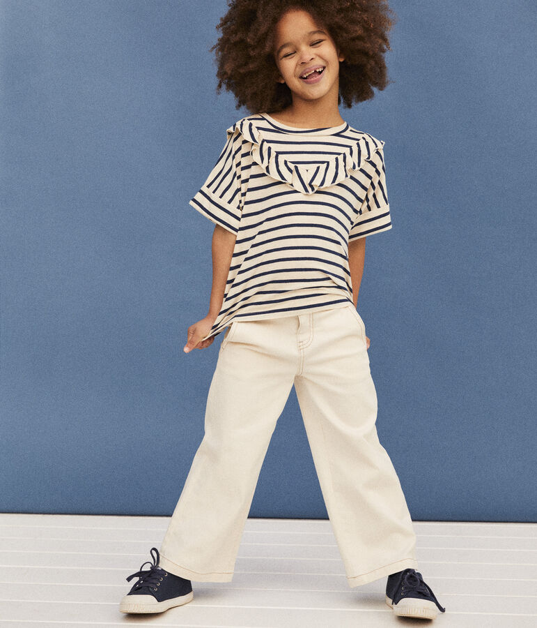 T-shirt a maniche corte in cotone bambina ecru/blu