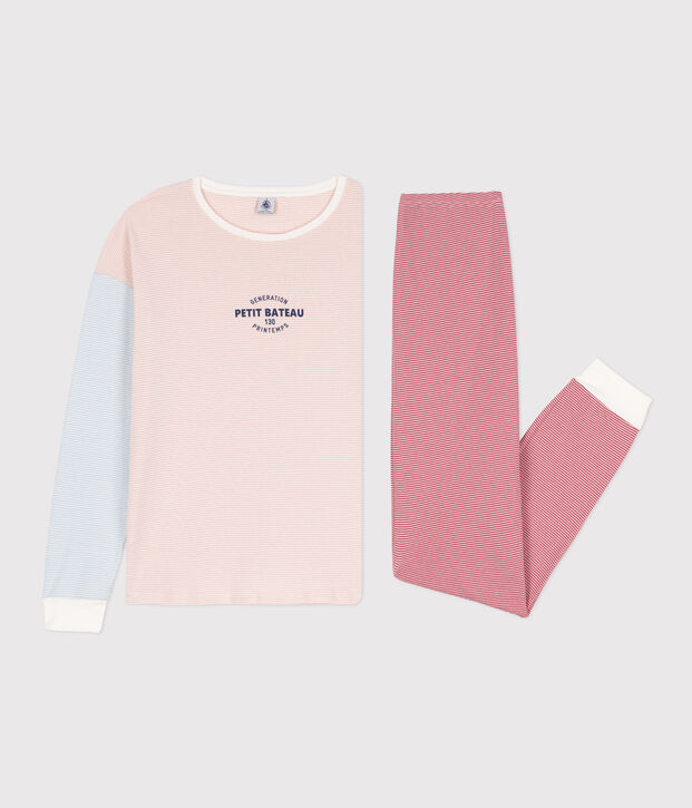 Pigiama millerighe tricolore in cotone donna bianco/multicolore