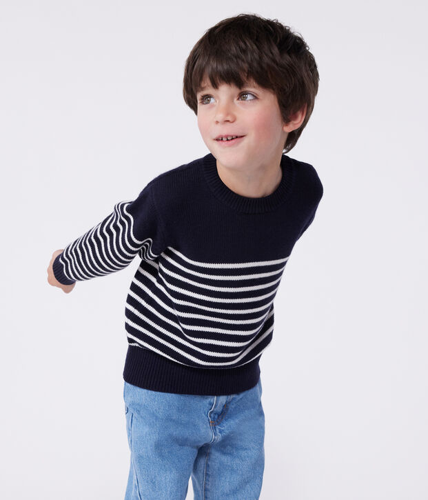 Pullover marinaro in misto lana e cotone a righe bambino blu/bianco
