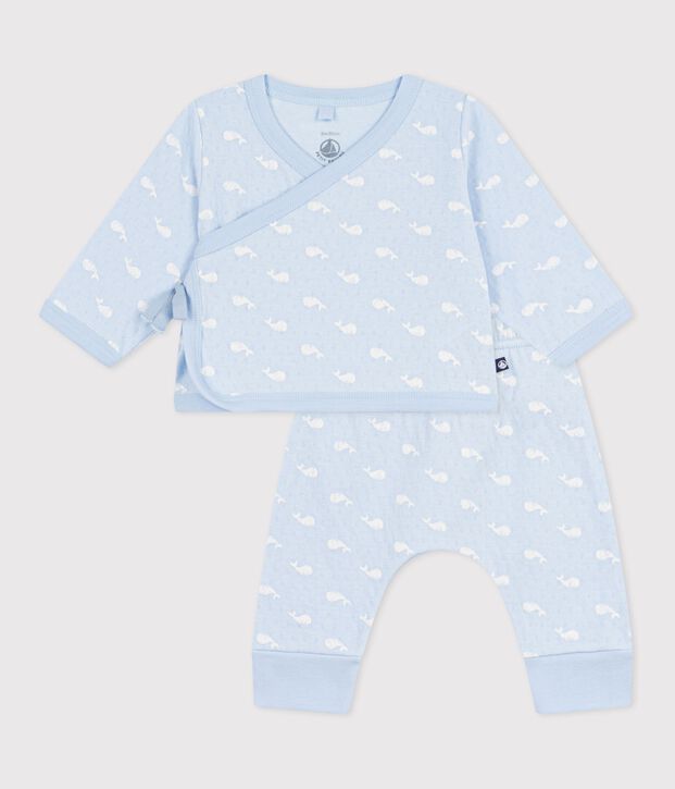 Set 2 pezzi lungo in cotone con balene stampate neonato blu/ecru