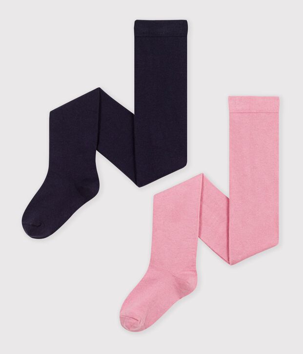 Set di 2 collant in cotone tinta unita bambina rosa/blu