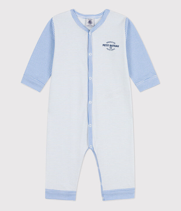 Tutina pigiama senza piedi in cotone millerighe blu/bianco