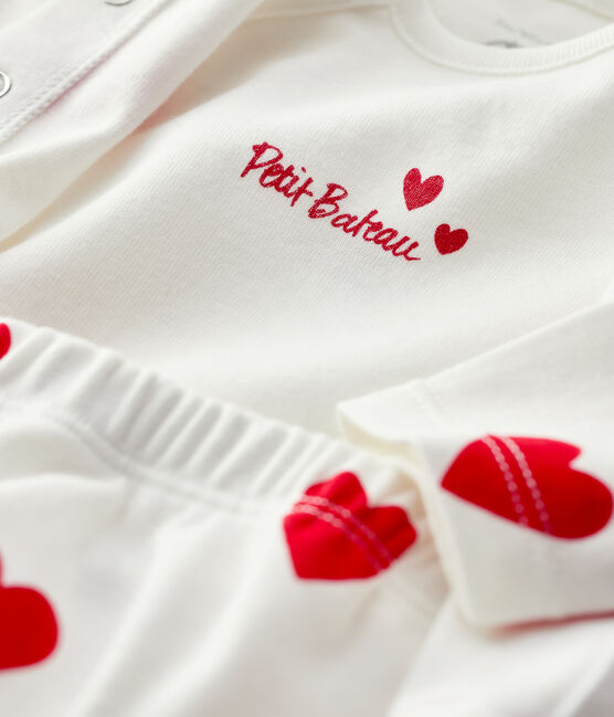 Completo 3 pezzi a cuori rossi bebè in cotone biologico bianco MARSHMALLOW/rosso TERKUIT