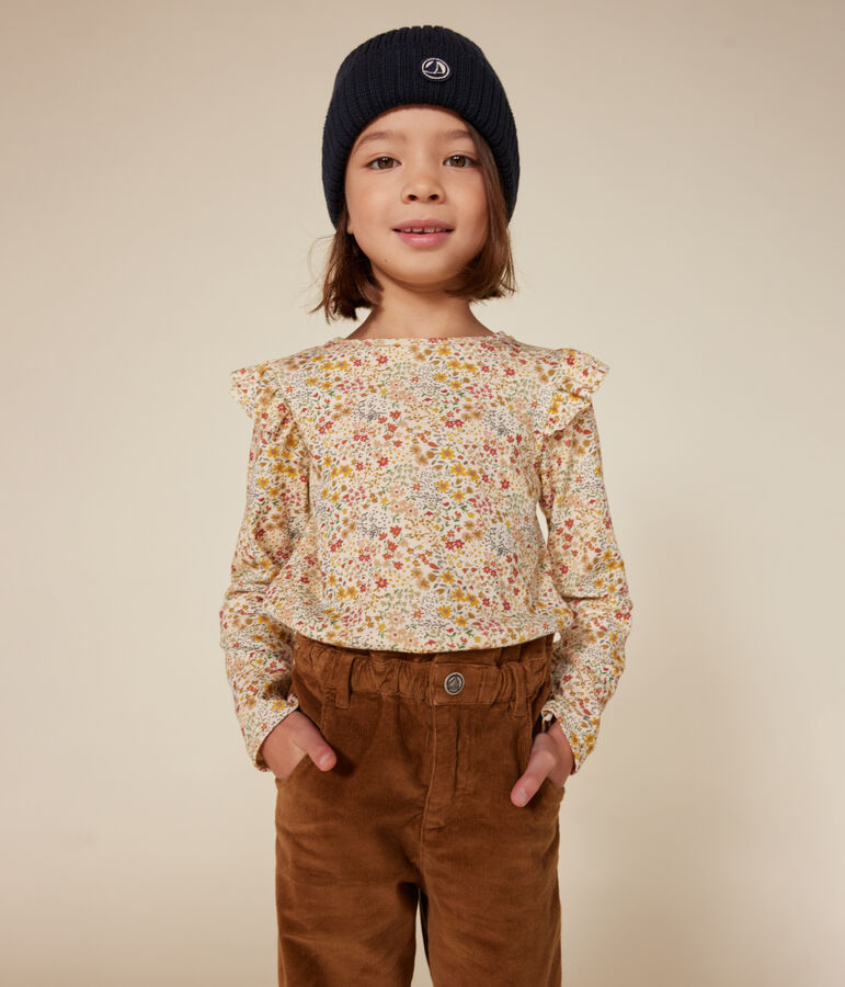 T-shirt a maniche lunghe in tessuto a costine bambina ecru/multicolore