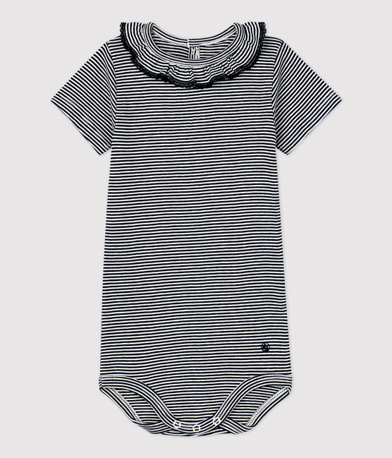Body con collo millerighe in cotone biologico bebè blu SMOKING/bianco MARSHMALLOW