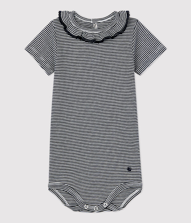 Body con collo millerighe in cotone biologico beb&egrave; blu/bianco