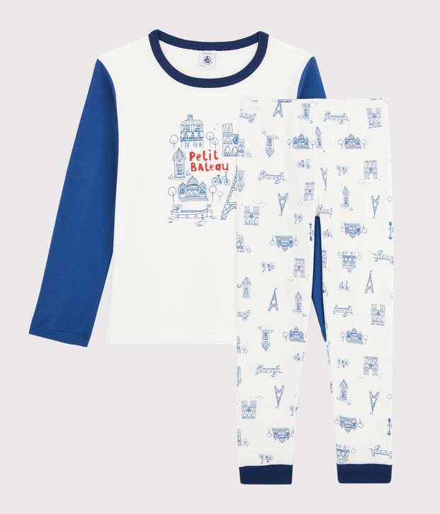 Pigiama motivo Parigi bambino a costine bianco/blu/multicolore