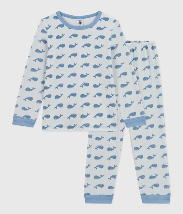Pigiama bambino in ciniglia con balene stampate blu/blu