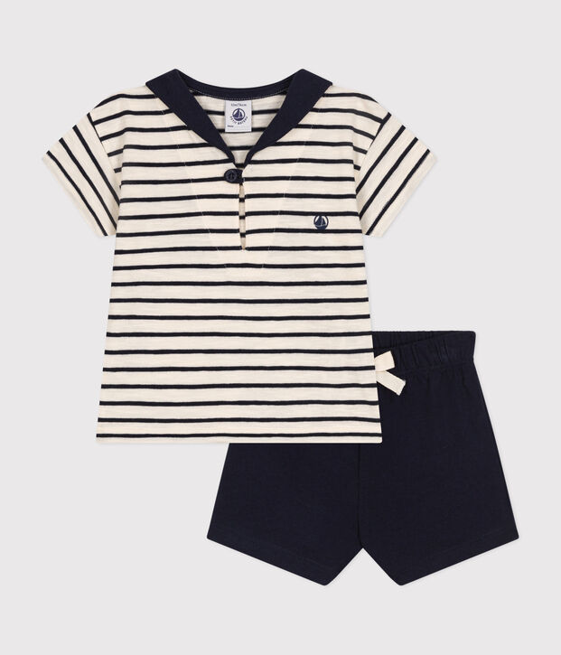 Set beb&egrave; t-shirt e pantaloncini in jersey ecru/blu