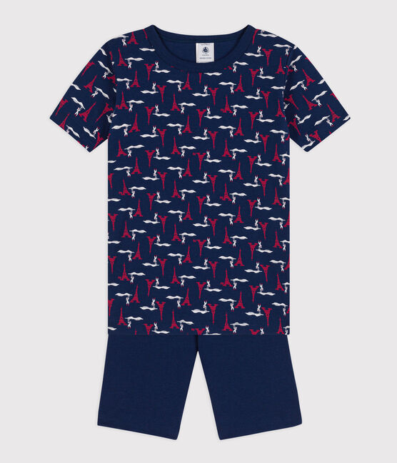 Pigiama corto aderente in cotone per bimbi, unisex blu MEDIEVAL/bianco MULTICO