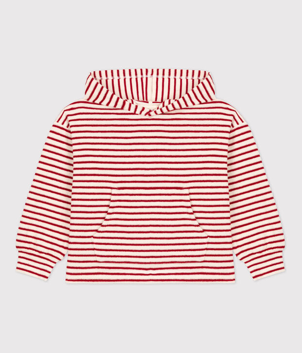 Felpa a righe con cappuccio bambina / bambino ecru/rosso