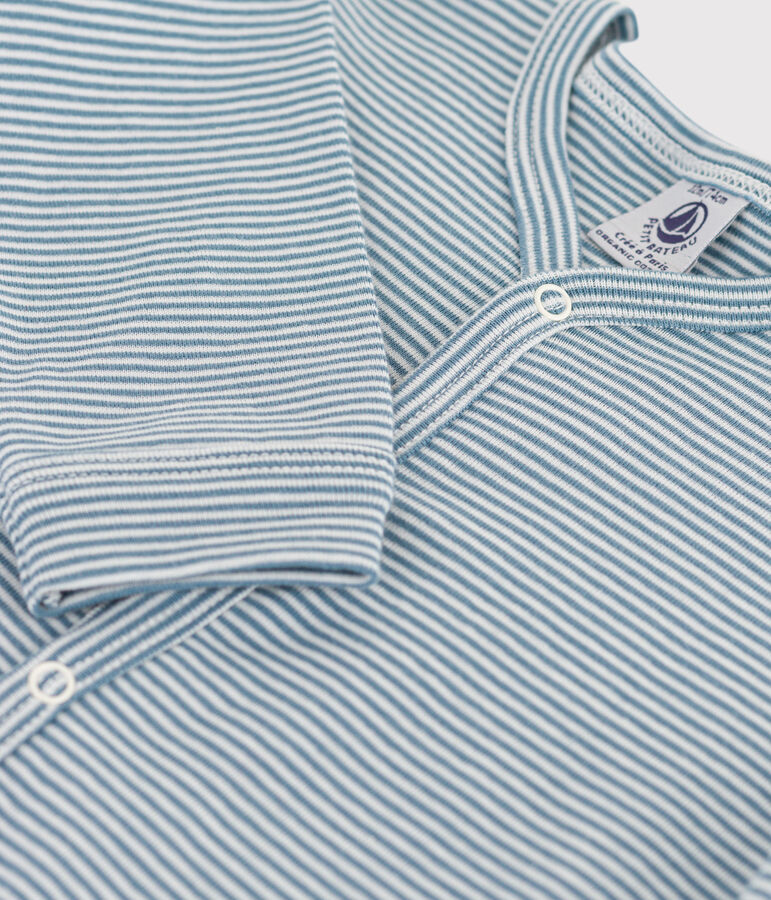 Tutina pigiama senza piedi beb&egrave; in cotone millerighe blu ROVER/bianco MARSHMALLOW