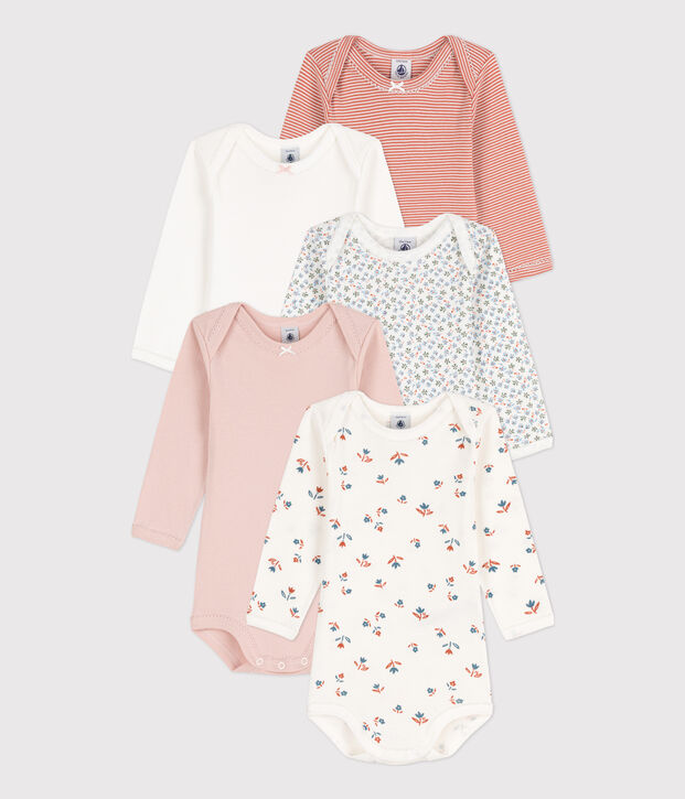 Confezione da 5 body a maniche lunghe, a fiori, beb&egrave;, cotone multicolore