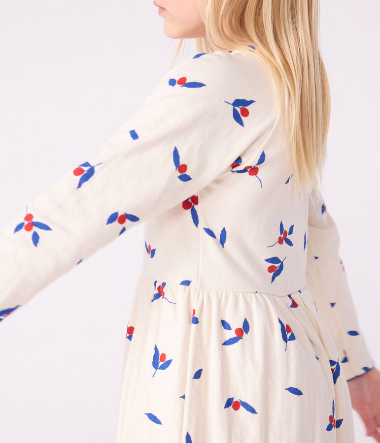 Abito a maniche lunghe in cotone bambina ecru/multicolore