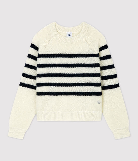Pullover mohair bambina in cotone bianco MARSHMALLOW/blu SMOKING