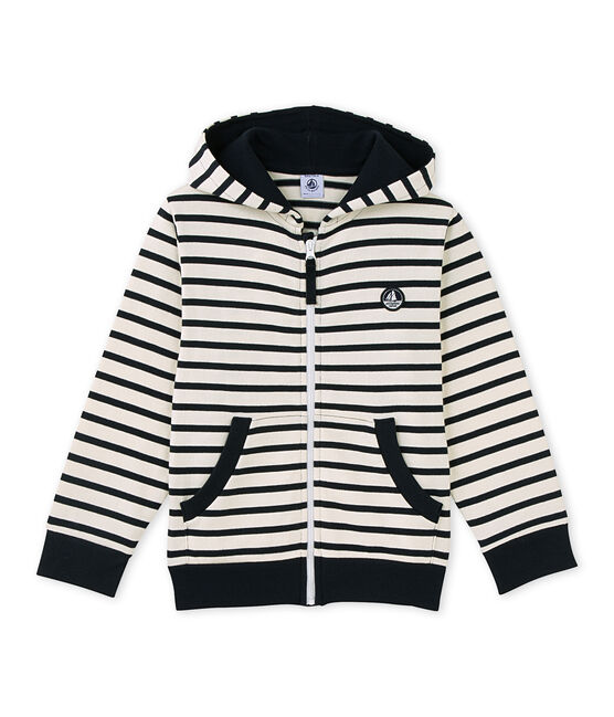 Sweat zippé garçon en jersey lourd beige COQUILLE/blu SMOKING