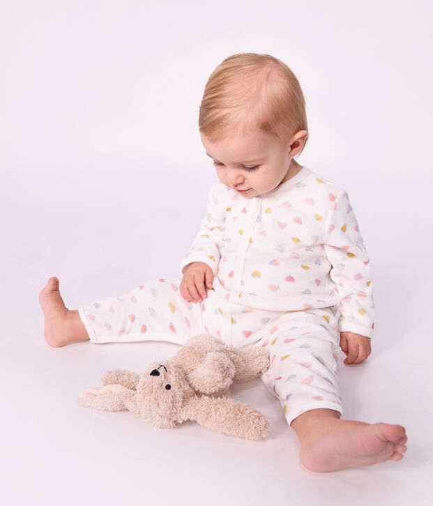 Pigiama in ciniglia senza piedini con stampa a cuori neonato bianco/multicolore