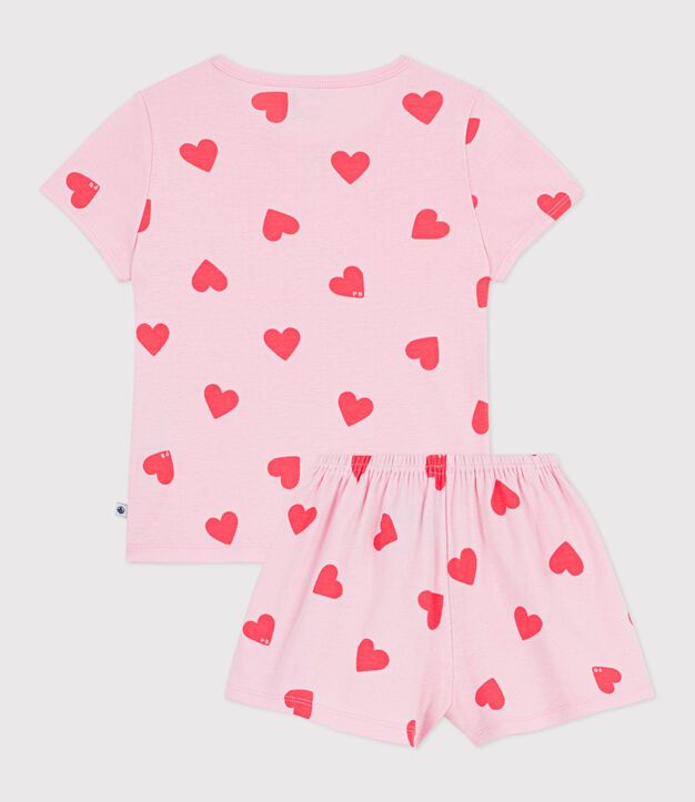 Pigiama corto in cotone con stampa a cuori bambina rosa/arancione