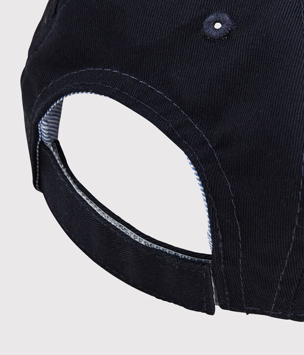 Berretto con etichetta in bouclette, beb&eacute; maschio blu/bianco