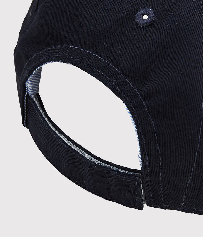 Berretto con etichetta in bouclette, beb&eacute; maschio blu/bianco