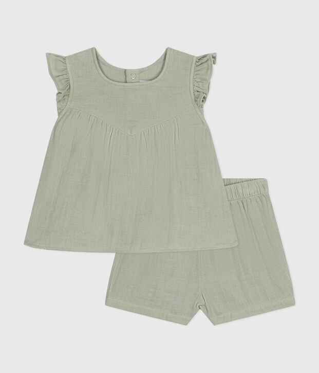 Completo blusa e shorts beb&egrave; in garza di cotone verde
