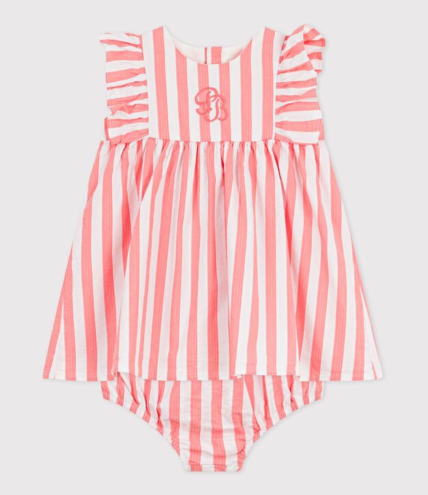 Abito senza maniche in cotone con bloomer abbinato a righe neonata rosa/bianco