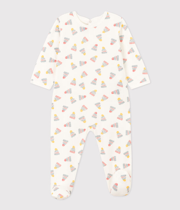 Pigiama beb&egrave; berretti in tessuto felpato a fiori bianco/multicolore