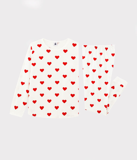 Pigiama bambino fantasia cuori in molleton bianco MARSHMALLOW/rosso TERKUIT
