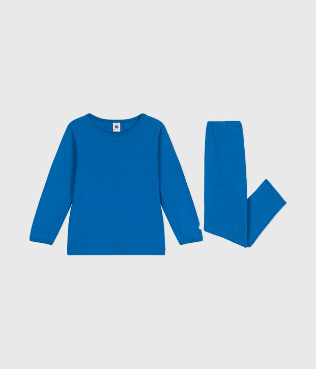 Pyjama  en c&ocirc;te d&eacute;saiguill&eacute;e  manches longues uni blu