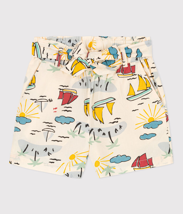 Shorts bambina in popeline stampato ecru/multicolore