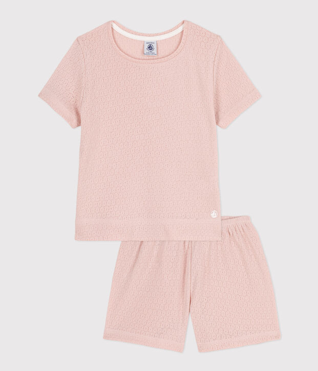 Pigiama corto bambina in cotone traforato tinta unita rosa