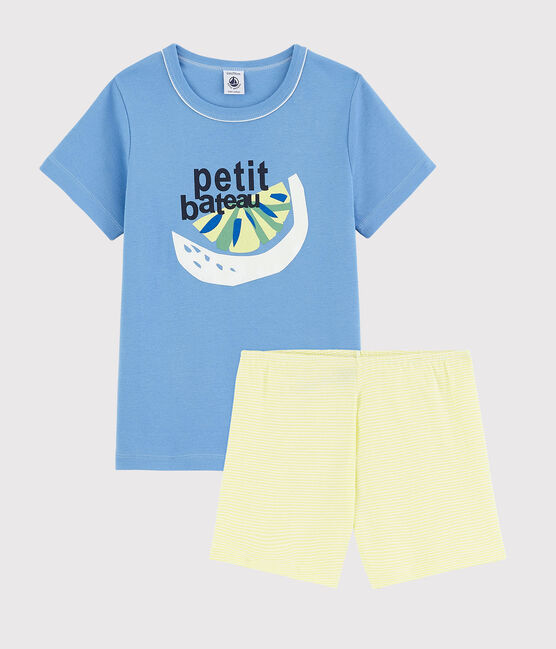 Pigiama corto limone bambino in cotone blu EDNA/ecru MULTICO