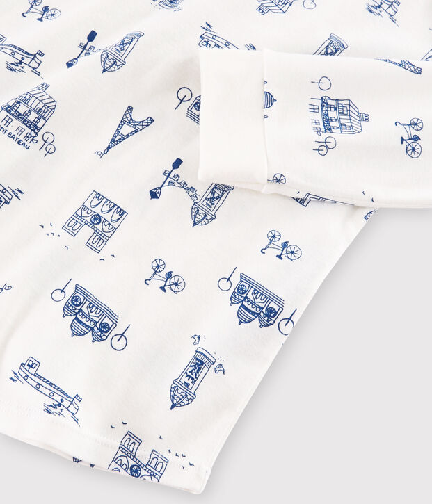 Pigiama bambino fantasia Parigi a costine bianco/blu