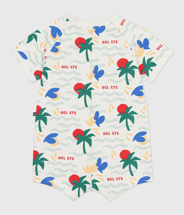 Tutina corta in cotone stampato neonato ecru/multicolore