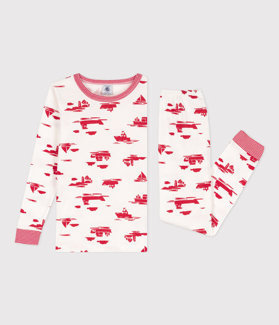 Pigiama bambino unisex in cotone aderente bianco MARSHMALLOW/rosso PEPS