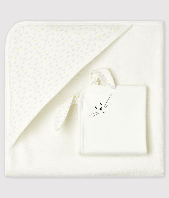 Cofanetto asciugamano quadrato da bagno e doudou bebè in spugna e cotone biologico bianco MARSHMALLOW/bianco MULTICO