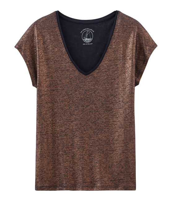 T-shirt maniche corte donna in lino cangiante blu SMOKING/rosa COPPER