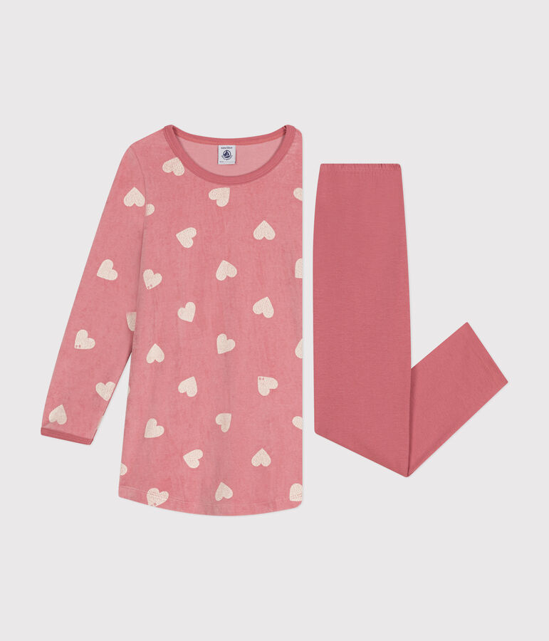 Camicia da notte bambino in velluto con stampa a cuori rosa/bianco