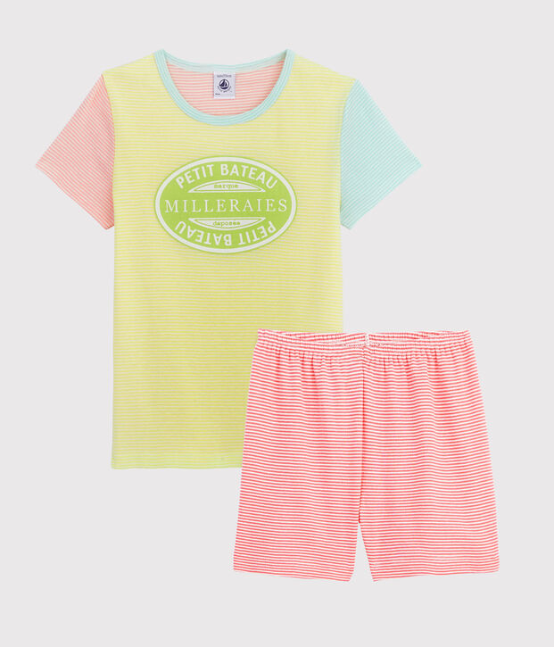 Pigiama a righe multicolori corto bambina a costine giallo/multicolore