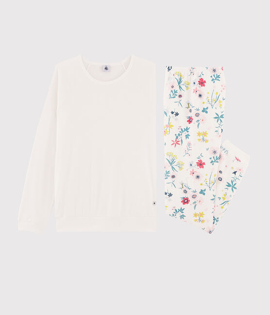 Pigiama ragazza a fiori bimateriale bianco MARSHMALLOW/bianco MULTICO